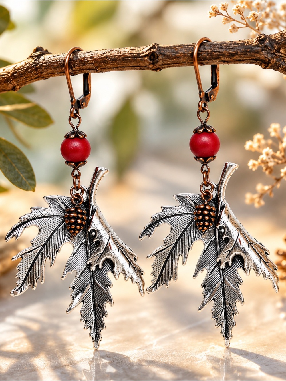 Oak Leaf & Pinecone Dangle Earrings, Rustic Woodland Boho, Artisan Handmade